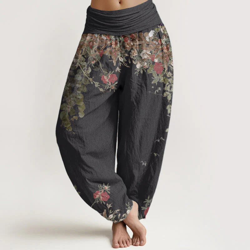 Mocoer Pure Cotton Casual Red Peony Flower Vine Design Women's Elastic Waist Harem Pants - Mocoer