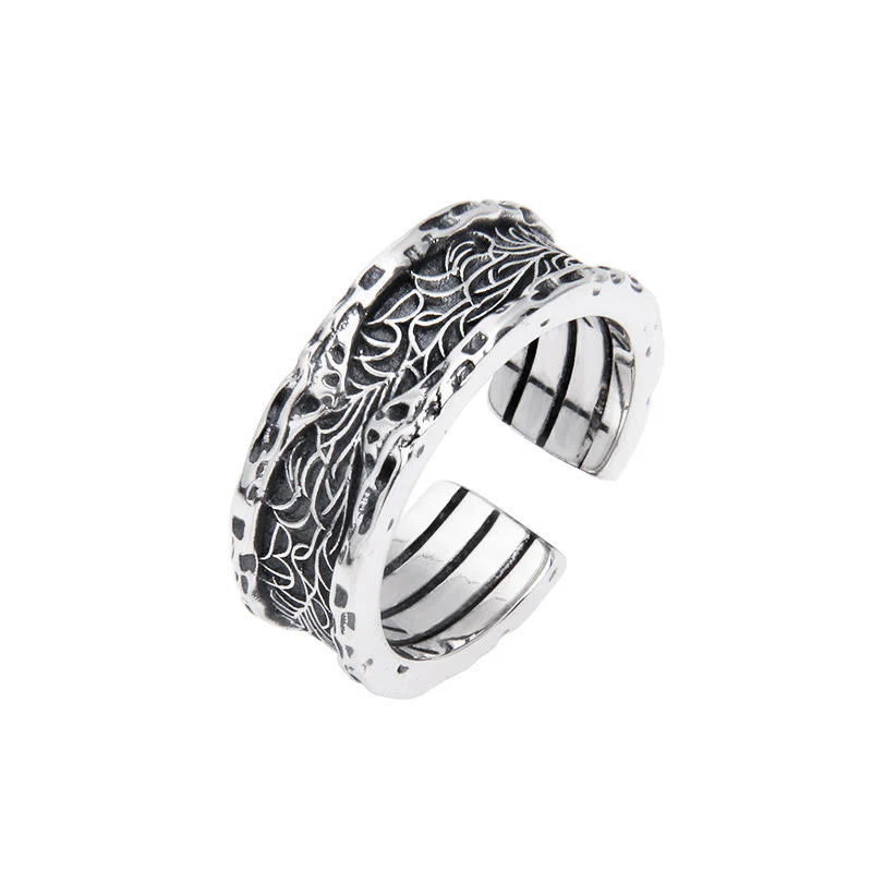 Mocoer 925 Sterling Silver Retro Tang Dynasty Flower Design Luck Adjustable Ring - Mocoer