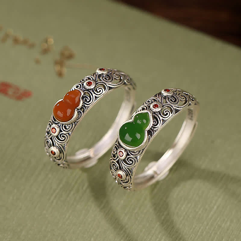 Mocoer 925 Sterling Silver Red Agate Cyan Jade Gourd Blessing Auspicious Ring - Mocoer
