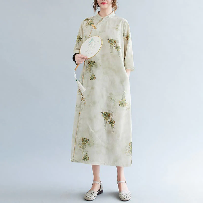 Mocoer Flowers Green Yellow Leaves Print Cheongsam Midi Dress Three Quarter Sleeve Dress With Pockets - Mocoer