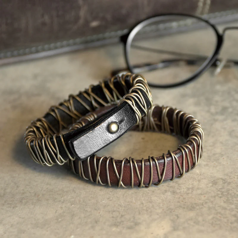 Mocoer Vintage Leather Copper Brass Wire Wrap Balance Bracelet - Mocoer