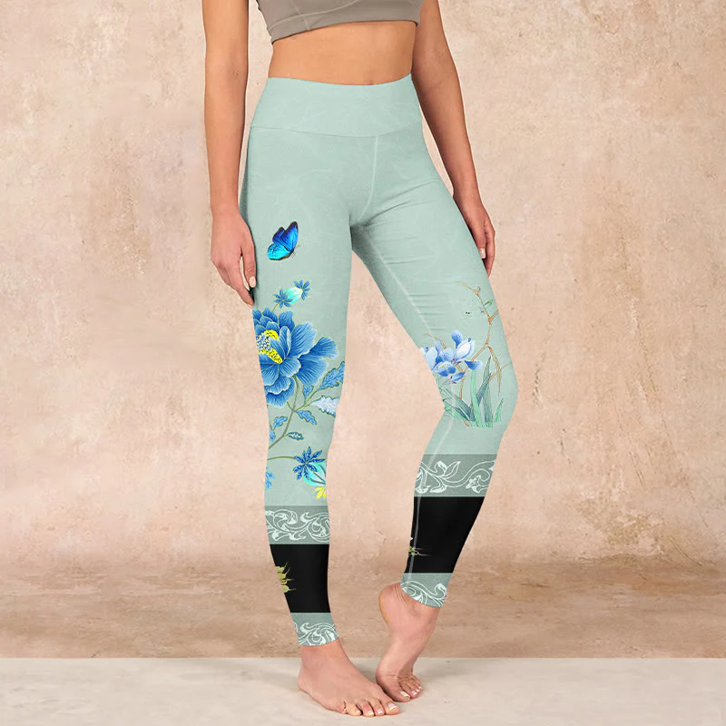 Mocoer Mint Green Blue Peony Butterfly Print Sports Leggings Women's Yoga Pants - Mocoer