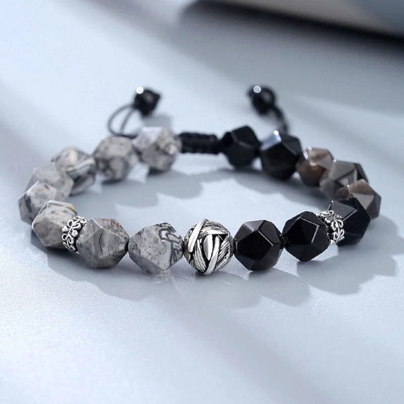 Mocoer Natural Irregular Cut Obsidian Grey Jasper 925 Sterling Silver Rolled Leaf Bead Protection Bracelet - Mocoer