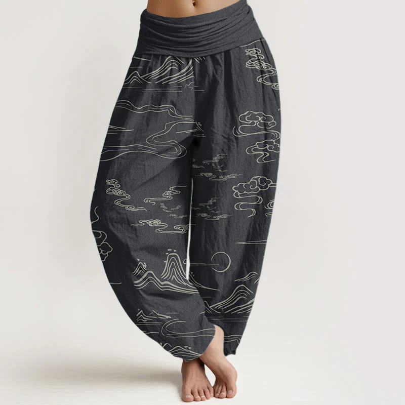 Mocoer Pure Cotton Mountain Moon Auspicious Clouds Pattern Women's Elastic Waist Harem Pants - Mocoer