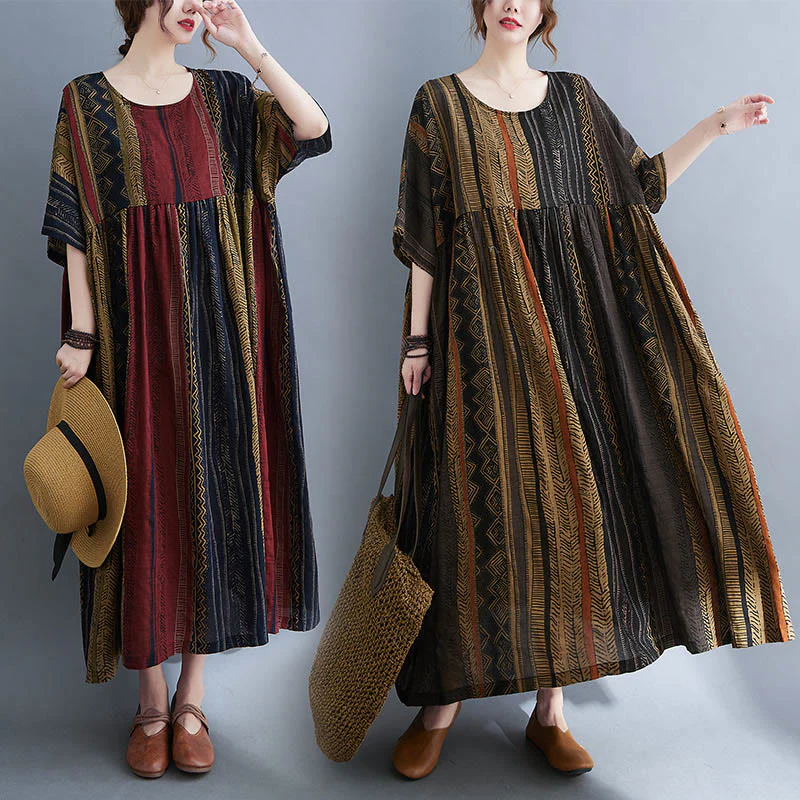 Mocoer Boho Geometry Short Sleeve Midi Dress With Pockets - Mocoer