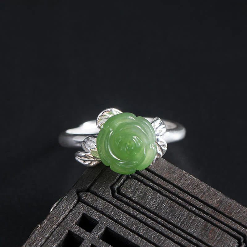 Mocoer 925 Sterling Silver Jade Green Rose Luck Adjustable Ring - Mocoer
