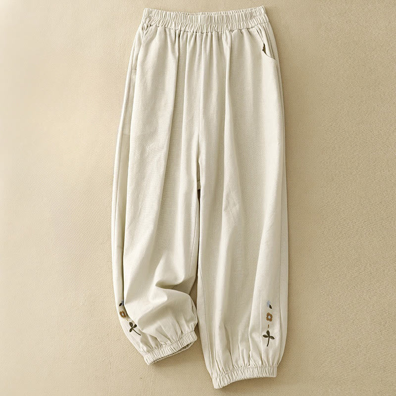 Mocoer Casual Embroidery Flower 7-8 Length Cropped Pants Women's Cotton Harem Pants With Pockets - Mocoer