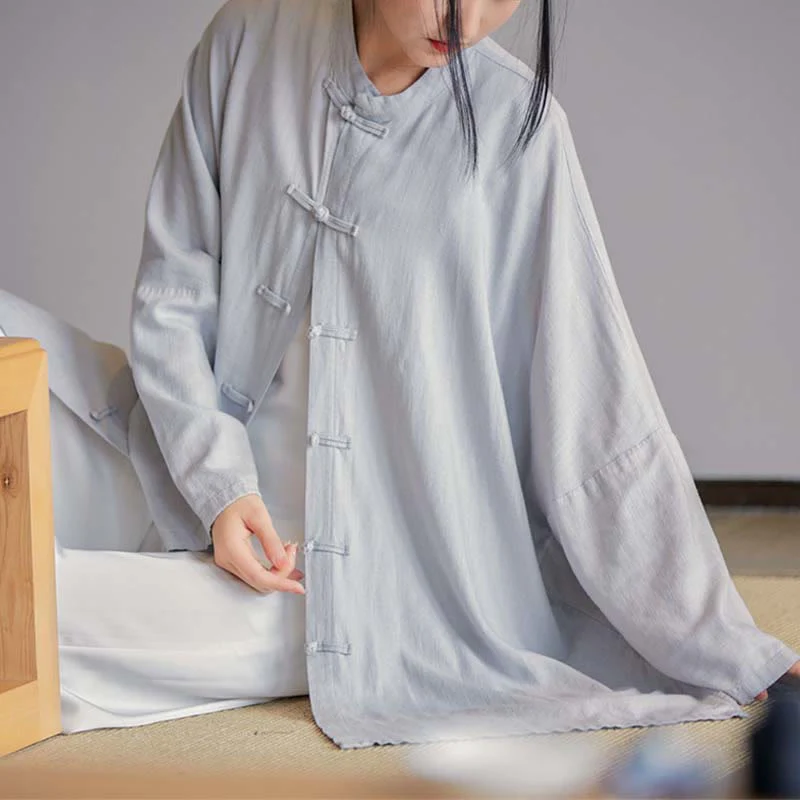 Mocoer Plain Frog-Button Design Shirt Zen Tai Chi Meditation Top Clothing Cotton Linen Jacket - Mocoer