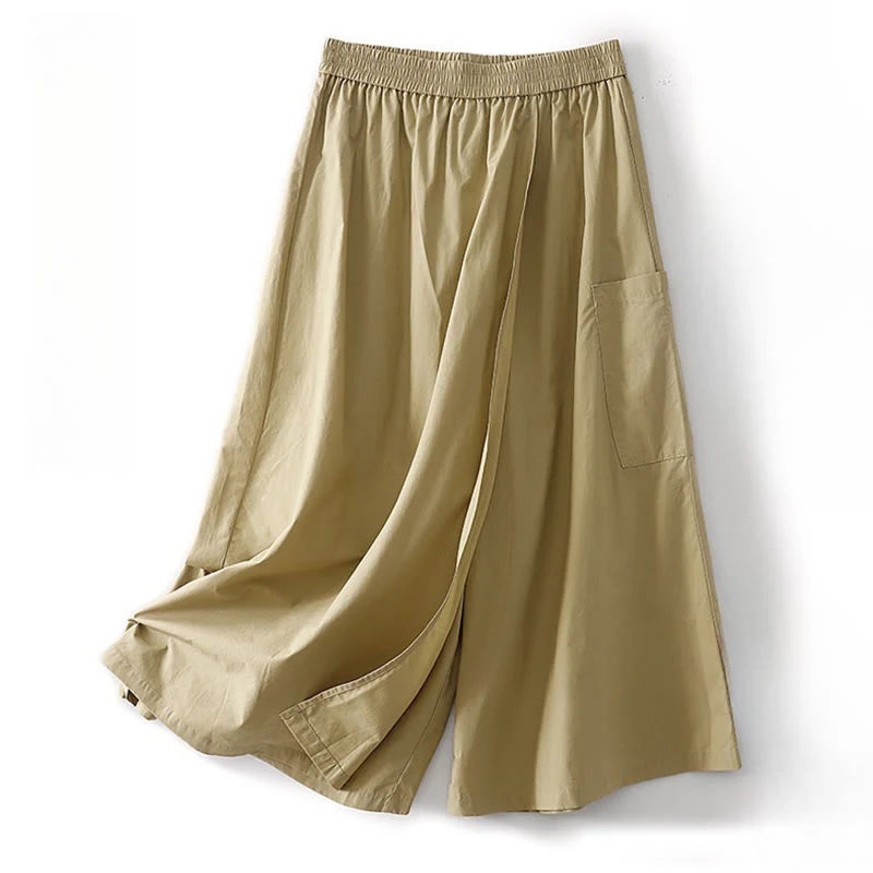 Mocoer Irregular Casual Plain 7-8 Length Cotton Linen Women's Wide Leg Pants - Mocoer