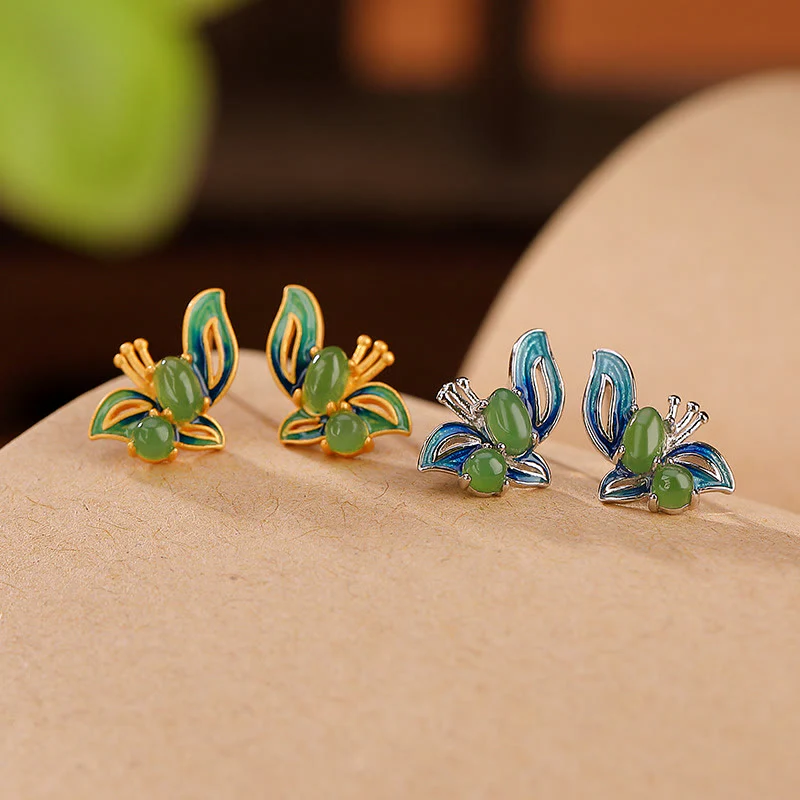 Mocoer 925 Sterling Silver Plated Gold Natural Cyan Jade Butterfly Luck Healing Earrings - Mocoer