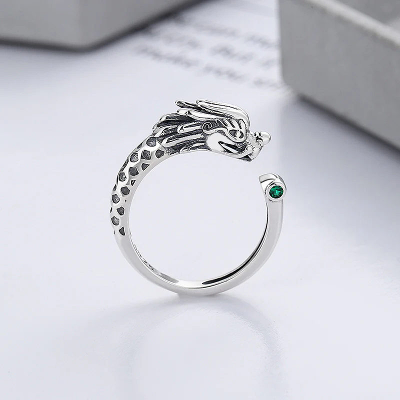 Mocoer 925 Sterling Silver Year Of The Dragon Luck Protection Adjustable Metal Ring - Mocoer