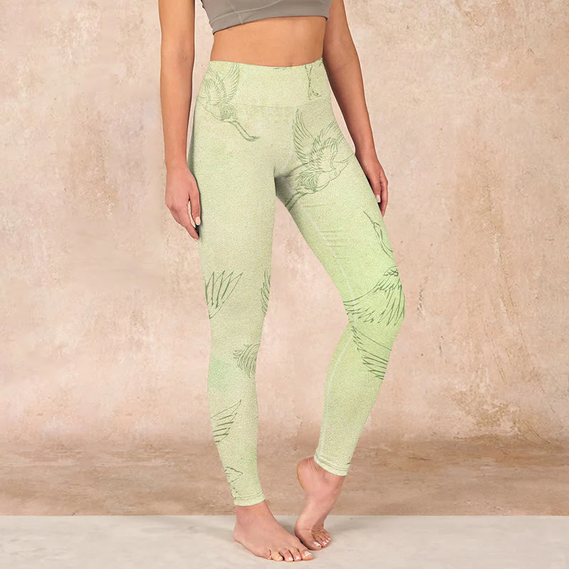 Mocoer Light Yellow Crane Print Sports Leggings Women's Yoga Pants - Mocoer