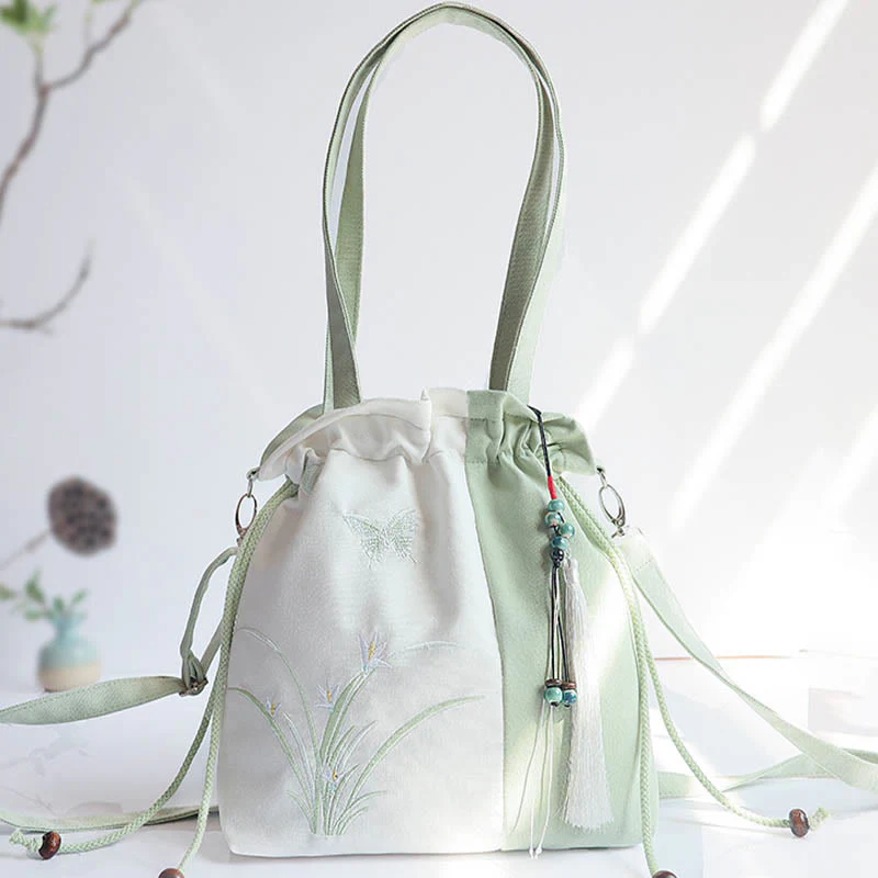 Mocoer Embroidered Grass Flowers Cherry Blossom Canvas Tote Crossbody Bag Shoulder Bag Handbag - Mocoer