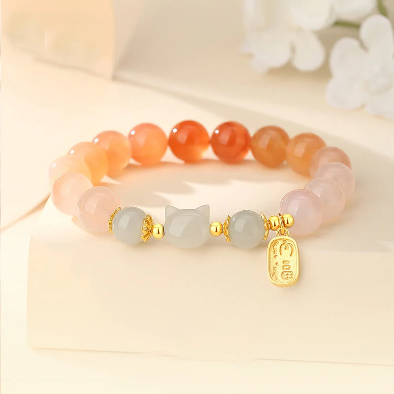 Mocoer 925 Sterling Silver Red Agate Hetian Jade Cat Fu Character Confidence Bracelet - Mocoer