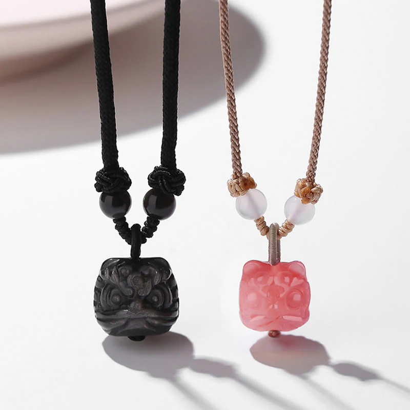 Mocoer Natural Silver Sheen Obsidian Red Agate Dancing Lion Protection Necklace Pendant - Mocoer