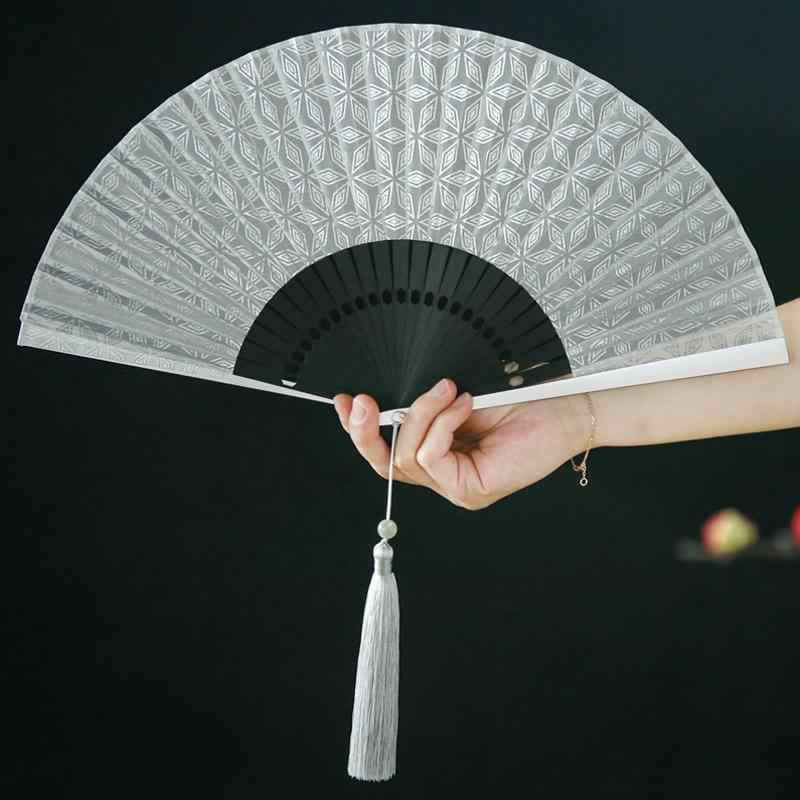 Mocoer Geometric Patterns Aluminum Alloy Side Tassels Silk Handheld Bamboo Folding Fan - Mocoer