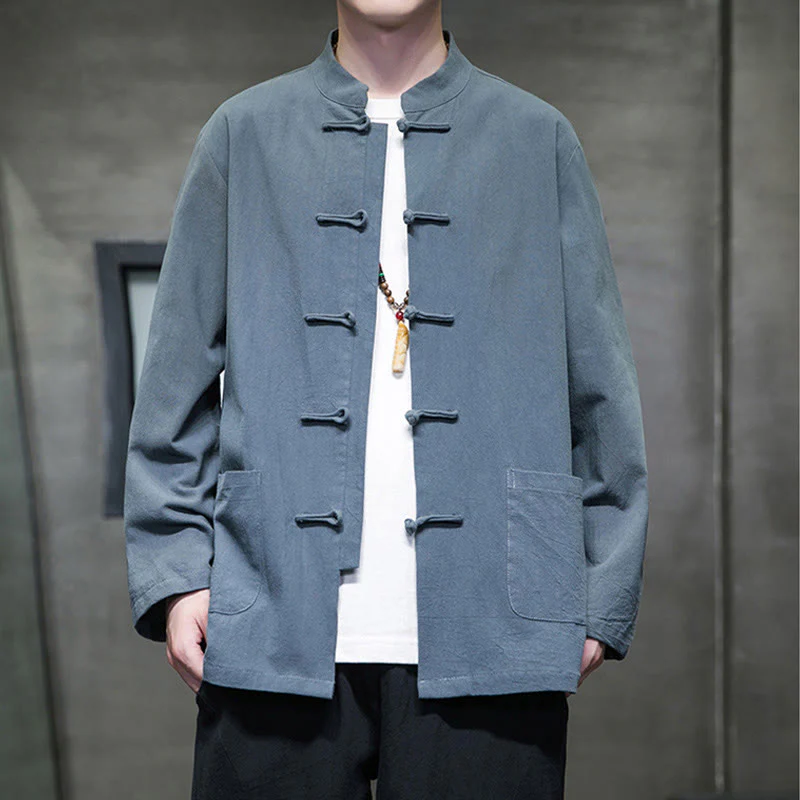Mocoer Solid Color Frog-button Tang Suit Cotton Linen Men's Jacket Shirt With Pockets - Mocoer