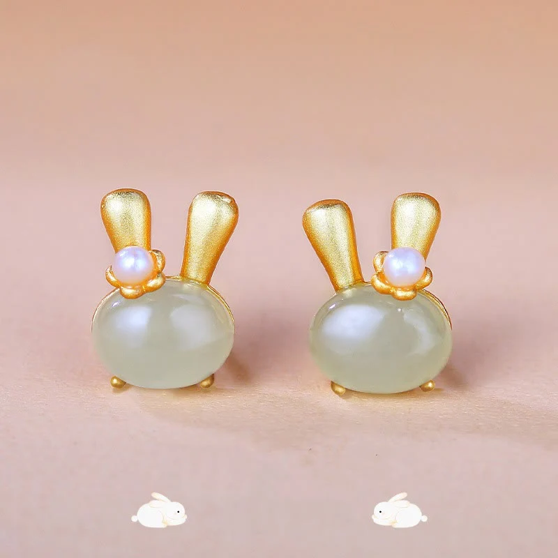 Mocoer 925 Sterling Silver Natural Hetian Jade Cute Rabbit Pearl Abundance Earrings - Mocoer