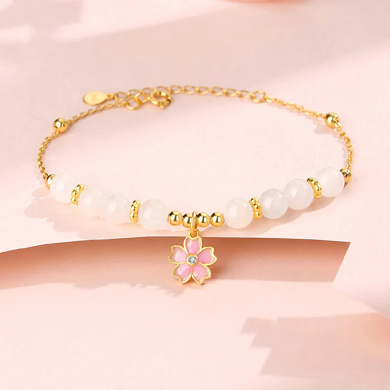 Mocoer 925 Sterling Silver Hetian White Jade Cherry Blossom Protection Bracelet - Mocoer