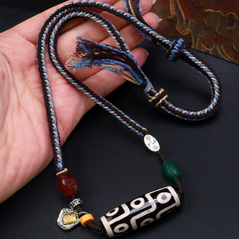 Mocoer Tibetan Nine-eye Dzi Bead Protection Braided Rope Necklace Pendant - Mocoer