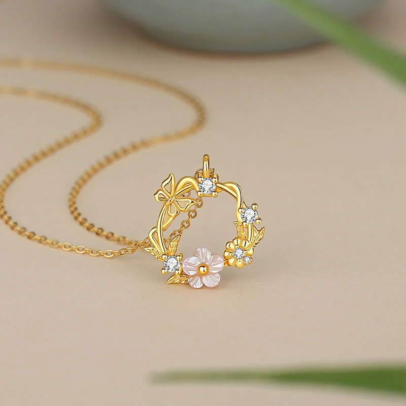 Mocoer 925 Sterling Silver Cubic Zirconia Shell Butterfly Peach Blossom Blessing Necklace Pendant - Mocoer