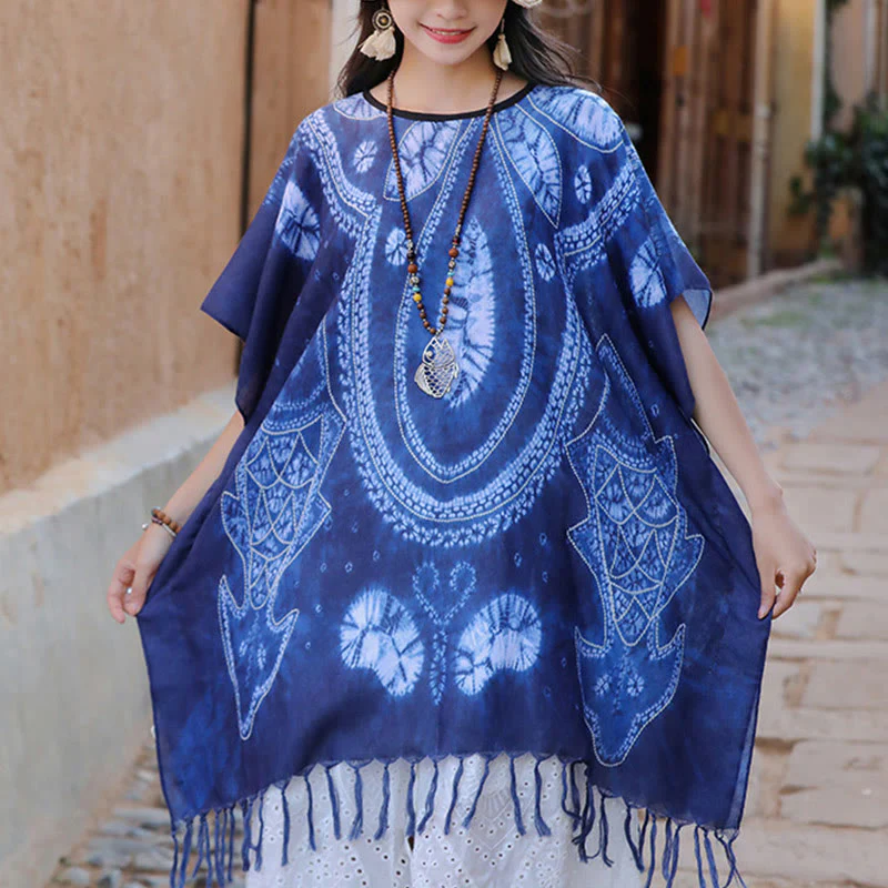 Mocoer Blue Geometry Batik Shawl Tassels Cozy Travel Pullover 90*95cm - Mocoer