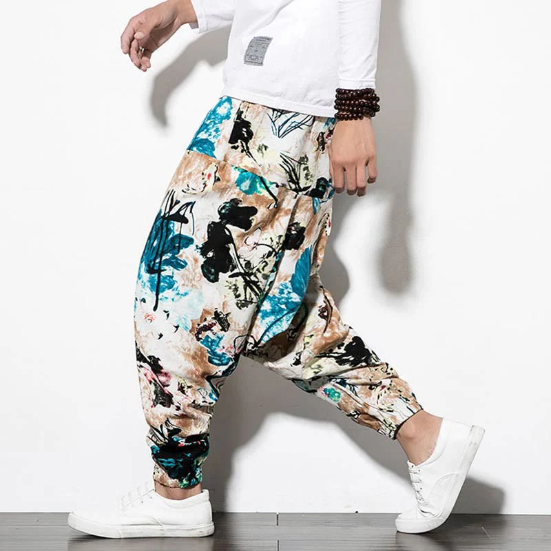 Mocoer Flowers Leaves Brown Blue Painting Print Cotton Men's Long Cropped Harem Pants With Pockets - Mocoer
