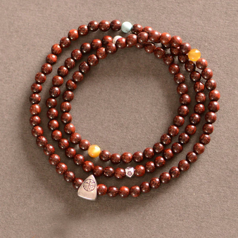 Mocoer 925 Sterling Silver Indian Small Leaf Red Sandalwood Fu Character Protection Triple Wrap Bracelet - Mocoer