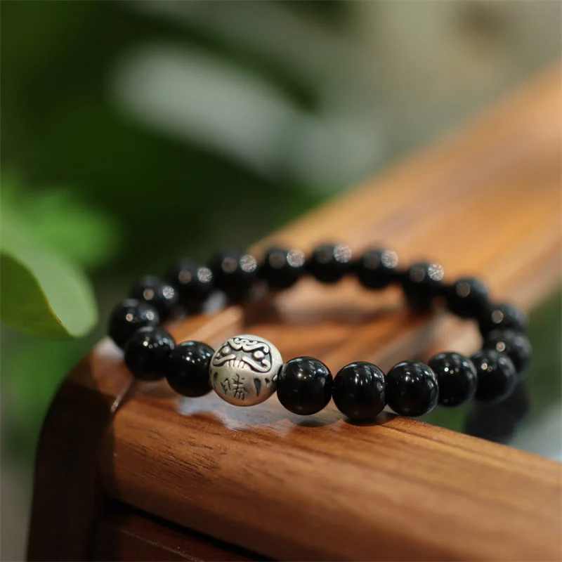 Mocoer 925 Sterling Silver Black Onyx Bead Character Engraved Protection Bracelet - Mocoer