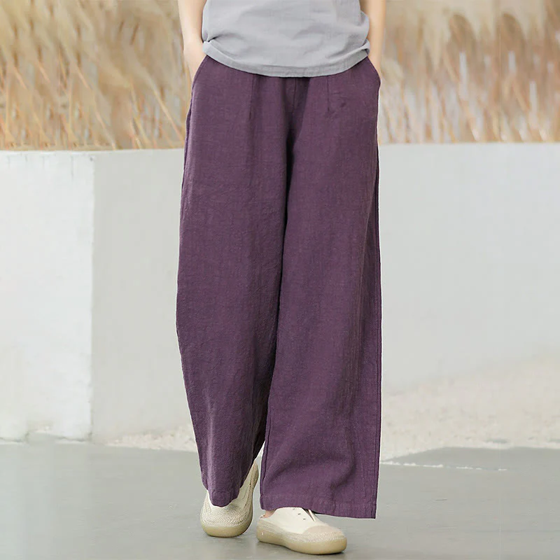 Mocoer Casual Plain Loose Straight Leg Women's Ramie Cotton Wide Leg Pants With Pockets - Mocoer