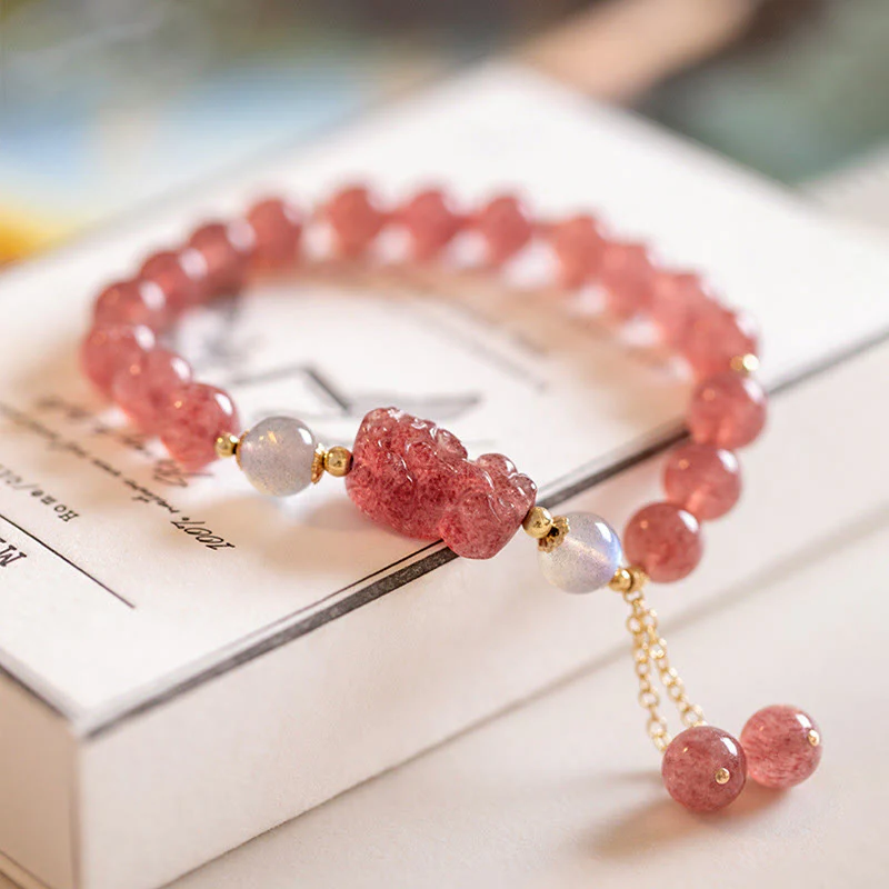 Mocoer Natural Strawberry Quartz Moonstone PiXiu Love Healing Bracelet - Mocoer