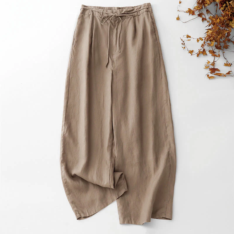 Mocoer Summer Plain Color Ankle-Length Drawstring Cotton Linen Women's Wide Leg Pants With Pockets Zipper - Mocoer