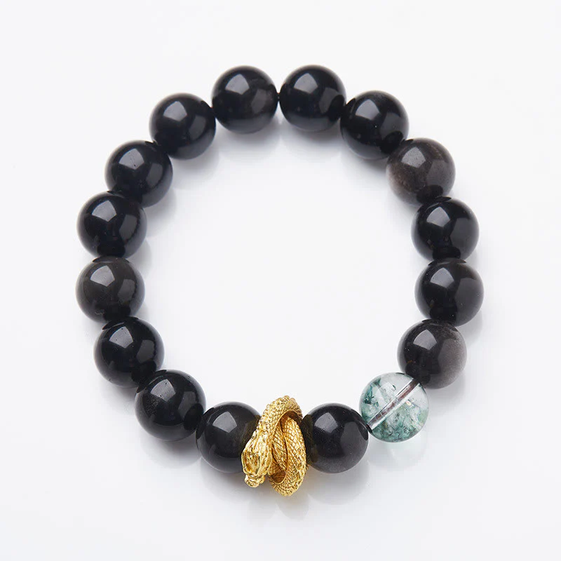 Mocoer Natural Silver Sheen Obsidian Dragon Green Phantom Protection Bracelet - Mocoer