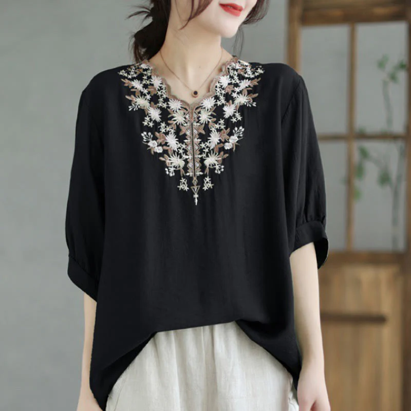Mocoer Small Floral Embroidery V-Neck Half Sleeve Cotton Linen T-shirt Tee - Mocoer