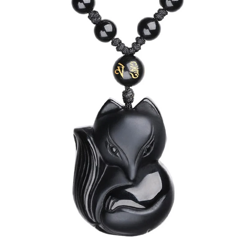 Mocoer Natural Black Obsidian Tiger Eye Ice Obsidian Fox Pendant Amulet Necklace - Mocoer