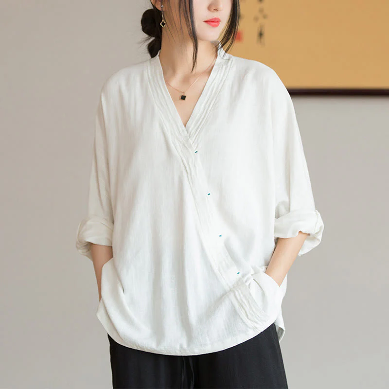 Mocoer V-Neck Blouse Women Shirt Long Sleeve Top Chinese Hanfu Style Clothing - Mocoer