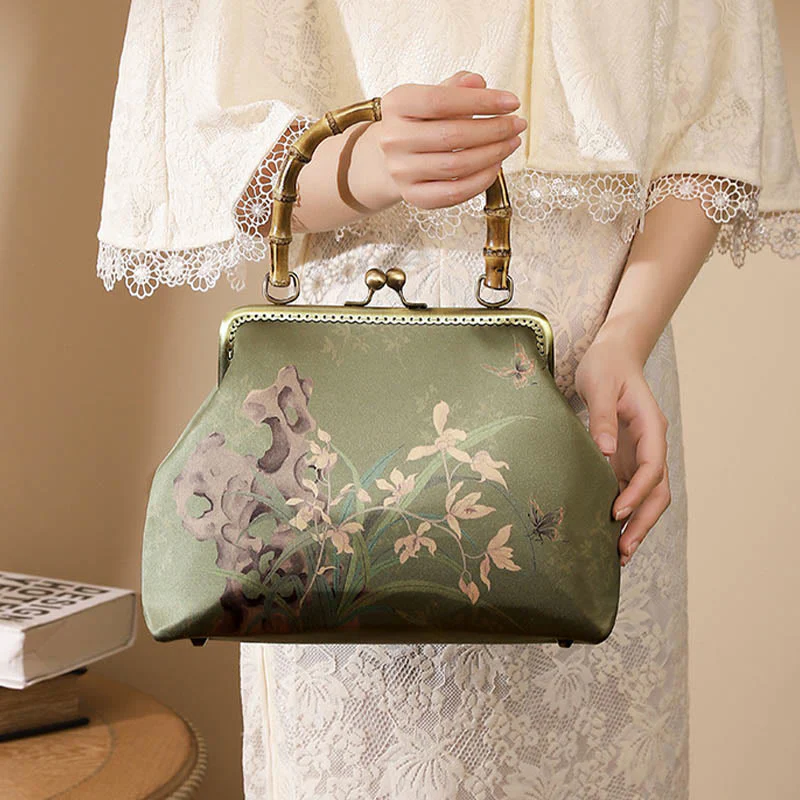 Mocoer Green Plants Mountains Bamboo Handle Metal Chain Crossbody Bag Handbags - Mocoer