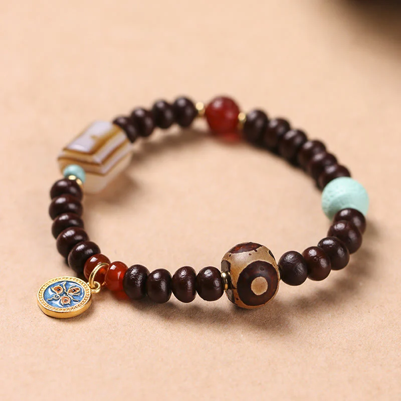 Mocoer Natural Tibet Purple Bodhi Seed Dzi Bead God of Wealth Wisdom Bracelet - Mocoer
