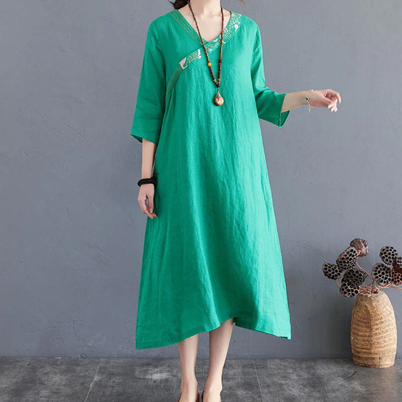 Mocoer Summer Plain Embroidery V-Neck Design Three Quarter Sleeve Cotton Linen Midi Dress - Mocoer