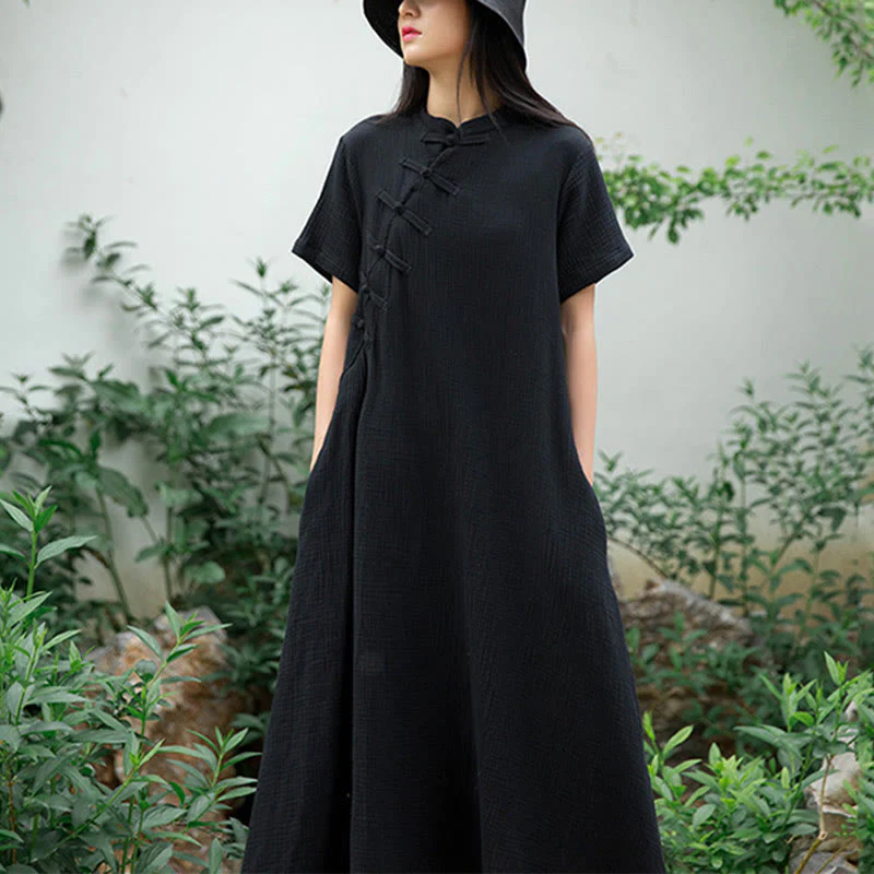Mocoer Frog-Button Midi Dress Cotton Linen Short Sleeve Dress With Pockets - Mocoer