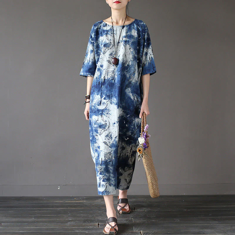 Mocoer Ink Tie Dye Midi Dress Three Quarter Sleeve Cotton Linen Dress With Pockets - Mocoer