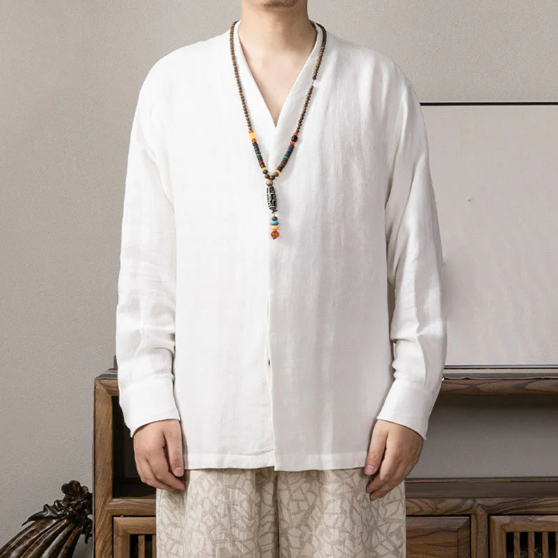 Mocoer V-Neck Men's Linen Long Sleeve Shirt Zen Clothing - Mocoer
