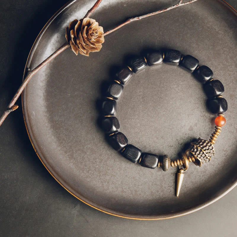 Mocoer Ebony Wood Copper Brass Red Agate Peace Bracelet - Mocoer