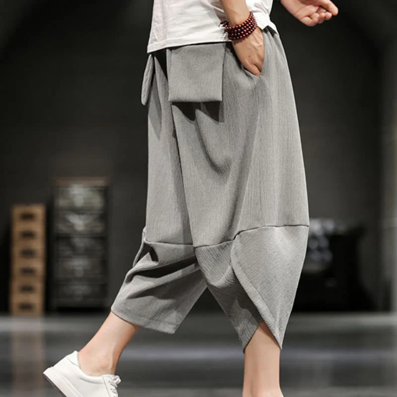 Mocoer Summer Solid Men's Cotton Linen Cropped Pants With Pockets - Mocoer