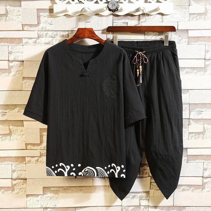 Mocoer 2Pcs Embroidery Design Notched Collar T-Shirt Drawstring 7-8 Length Harem Pants With Pockets Men's Cotton Meditation Cloth Set - Mocoer