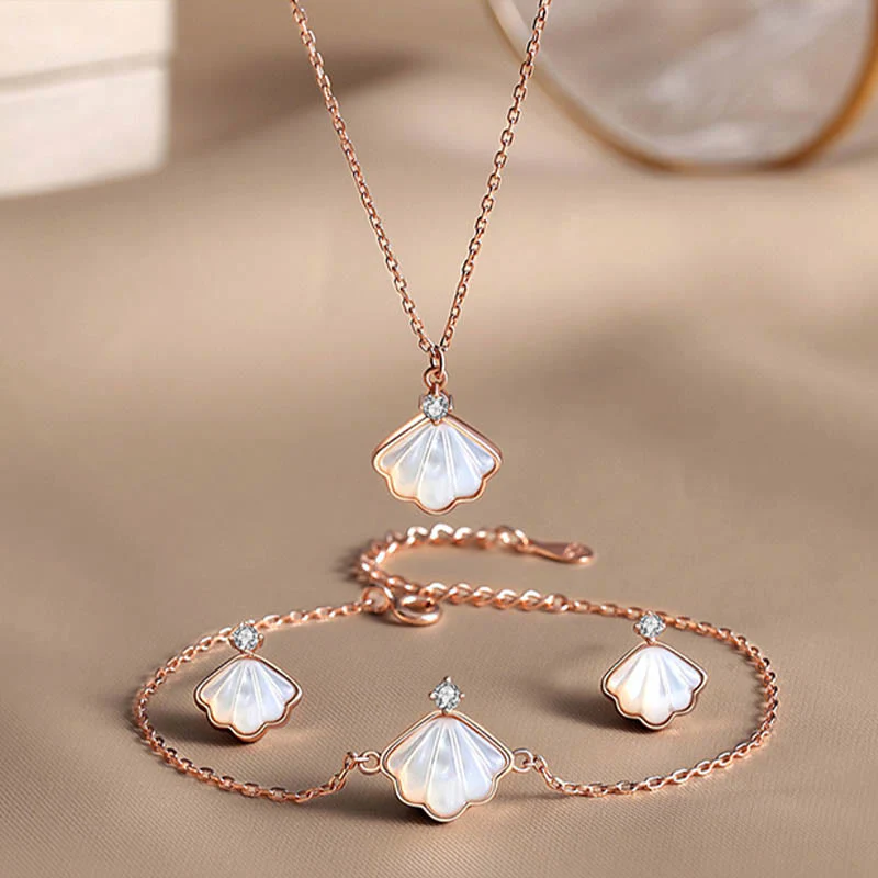 Mocoer 925 Sterling Silver Tridacna Stone Shell Blessing Necklace Pendant Bracelet Earrings Jewelry Set - Mocoer