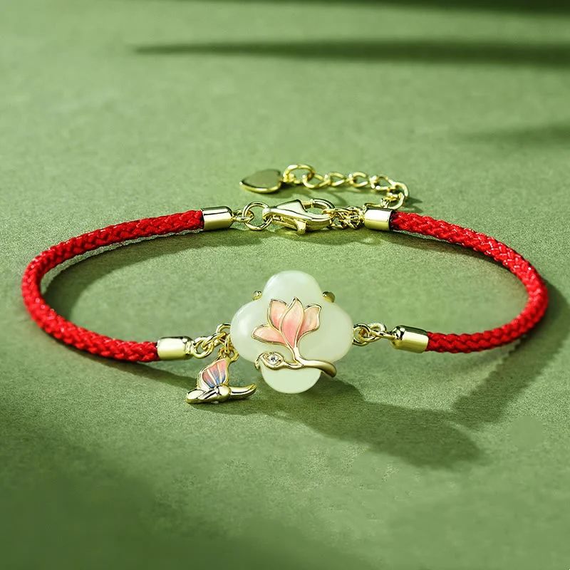 Mocoer 925 Sterling Silver Hetian Jade Magnolia Flower Butterfly Luck Chain Bracelet - Mocoer