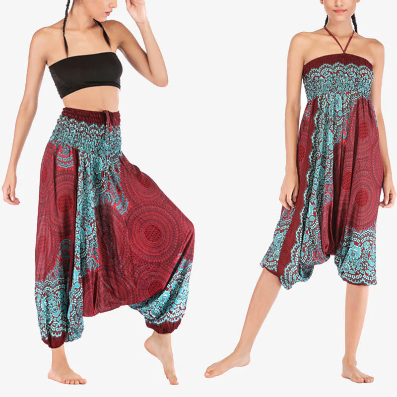 Mocoer Two Style Wear Round Geometric Pattern Loose Smocked Harem Trousers Jumpsuit High Waist Women's Yoga Pants - Mocoer
