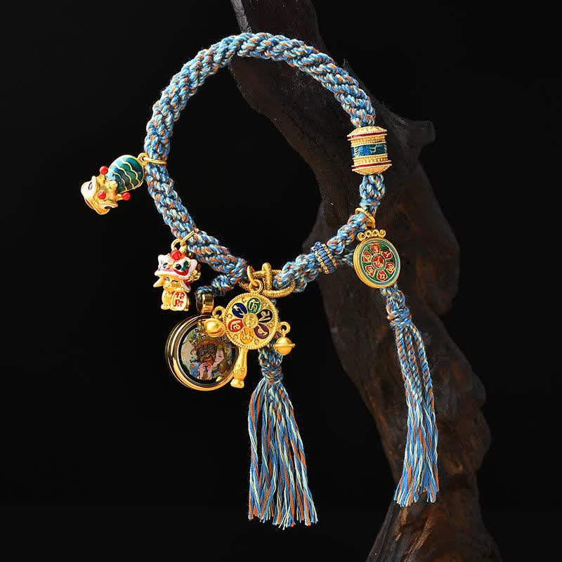 Mocoer Tibetan Zakiram Goddess of Wealth Thangka Luck Prayer Wheel Braid String Bracelet - Mocoer