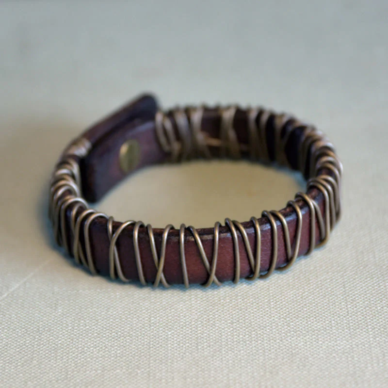 Mocoer Vintage Leather Copper Brass Wire Wrap Balance Bracelet - Mocoer
